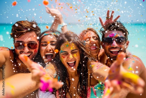 A group of joyful friends throwing colorful paint at a beach party, celebrating with bright smiles and high energy.