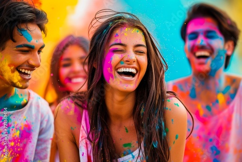 Group of friends celebrating Holi  the Indian festival of colors  with vibrant paint on their faces and clothes  laughing and enjoying the moment together.