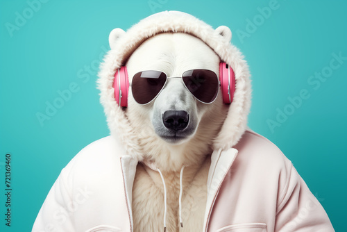 Cool polar bear wearing headphones and glasses relaxing. Generative AI