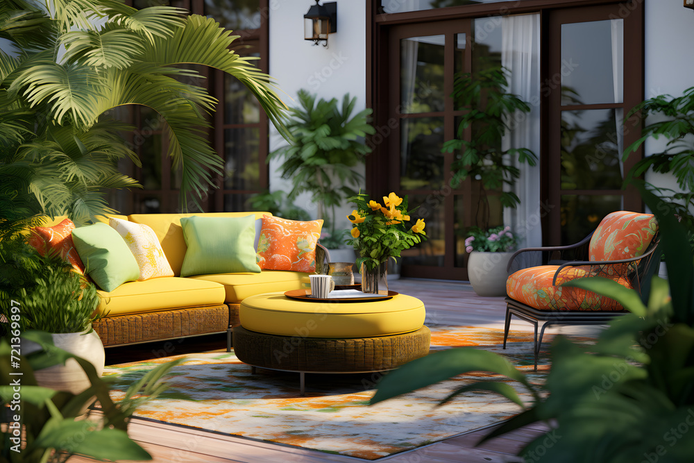Fototapeta premium Outdoor patio with vibrant furniture lush greenery