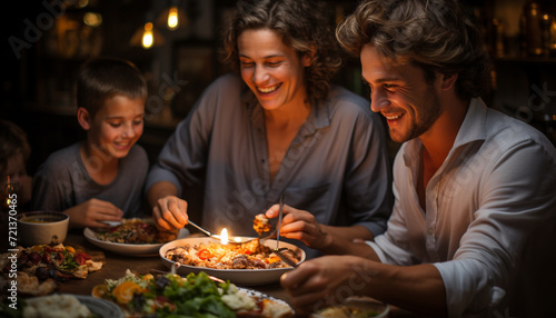 Group of friends enjoying a joyful meal by candlelight generated by AI