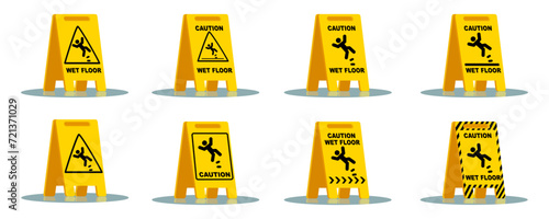 Caution wet floor sign collection isometric danger sign warning wet floor on white background eps10