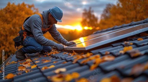 A photorealistic image of an engineer in silhouette, servicing solar cells on a factory roof at sunrise. The early morning light casting long shadows