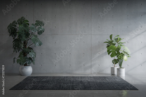 Empty concrete wall with carpet on the floor. 3d rendering of abstract interior space.