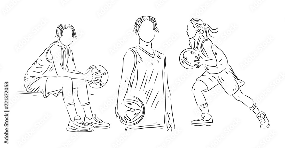 set of people playing basketball line art illustration