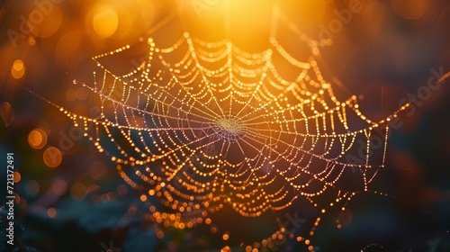 Zoom in on nature's wonders: a dew-kissed spider web sparkling in the morning light. 