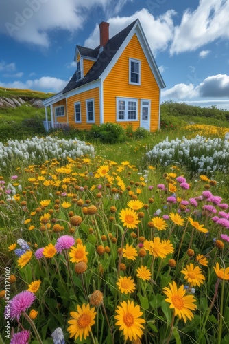 Small yellow house in a field of flowers