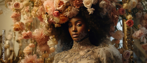 Portrait of a beautiful African or African American woman among flowers in retro style