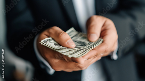 Close-up of a businessman's hand holding a wad of cash