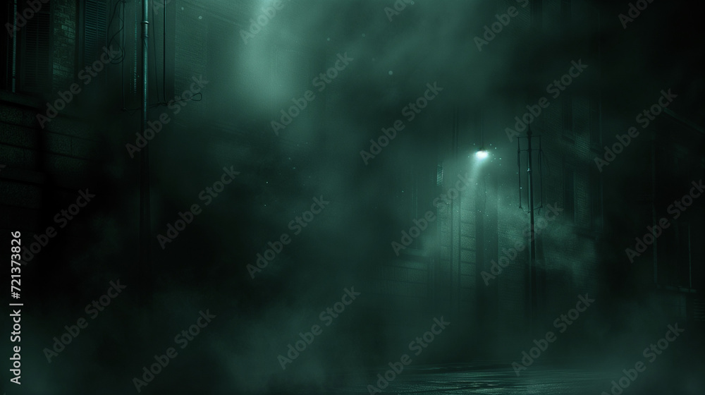Eerie dark street engulfed in smoke, illuminated by distant spotlights,