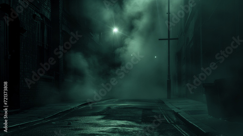 Eerie dark street engulfed in smoke, illuminated by distant spotlights