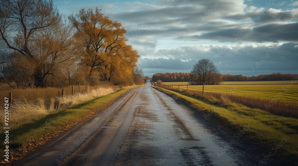 Rural countryside road surrounded by fields and trees, creating a peaceful and serene atmosphere with no traffic