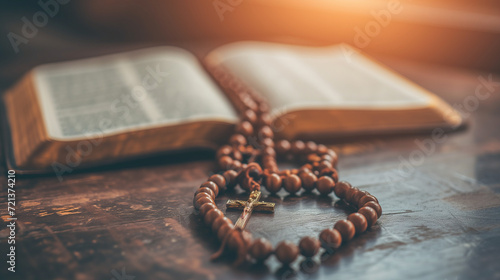 Rosary beads and an open Bible on a prayer kneeler, illustrating elements of Christian rituals and devotion. photo