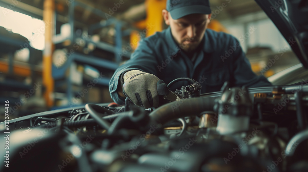 Skilled mechanic expertly repairing a car engine