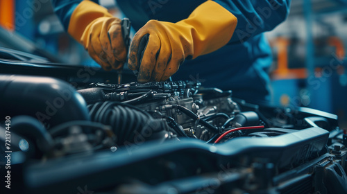 Skilled mechanic expertly repairing a car engine, showcasing professionalism and technical proficiency 