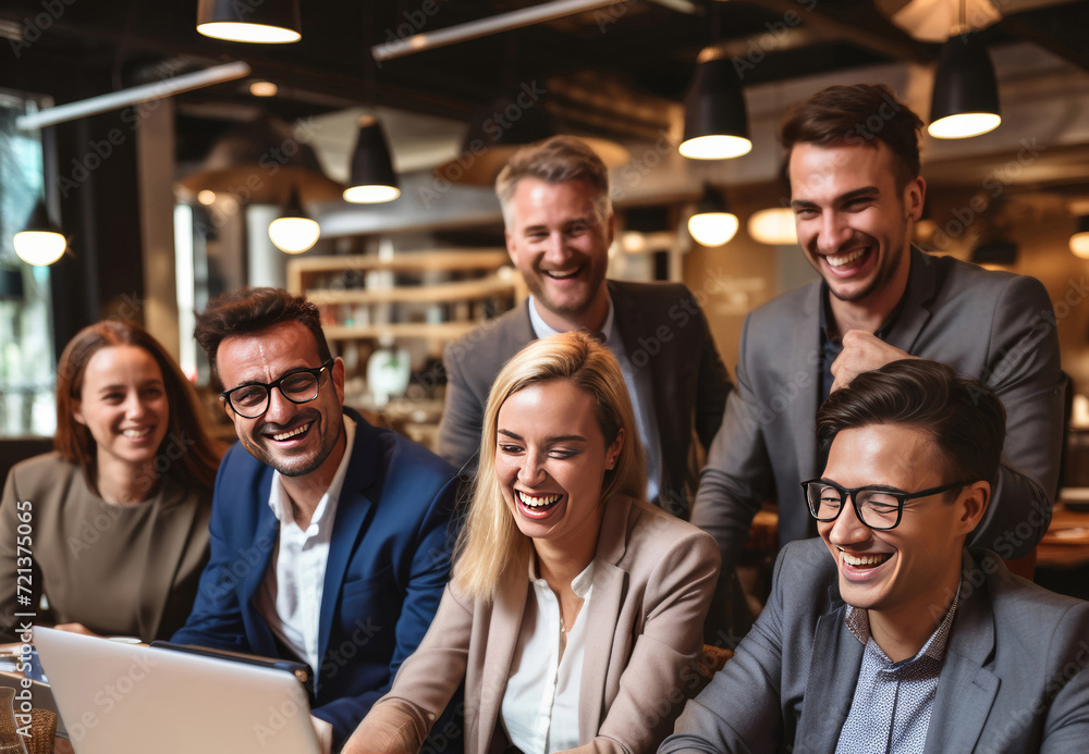 A group of successful and smiling business professionals gathers around a table where laptops lay, symbolizing shared achievements. Generative AI. A group of successful and smiling business professionals gathers around a table where laptops lay, symbolizing shared achievements. Generative AI.