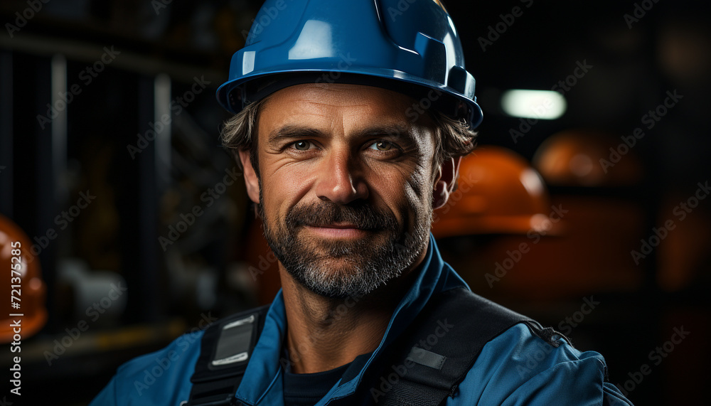 Smiling construction worker in hardhat, confident and skilled at work generated by AI Smiling construction worker in hardhat, confident and skilled at work generated by AI