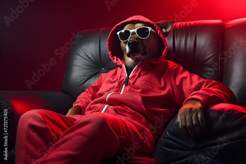 cool hip hop style dog wearing a red hoodie