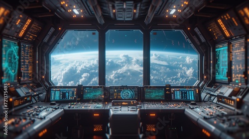 Futuristic cockpit of a spaceship with a view of Earth. Cockpit futuriste d'un vaisseau spatial avec vue sur la terre.