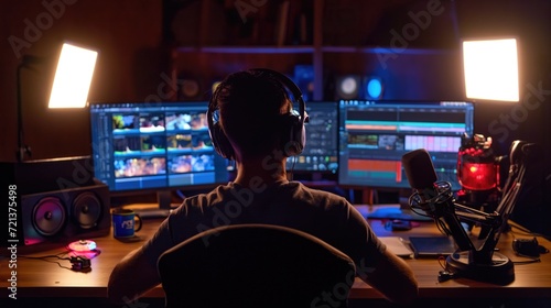 Gamer, youtuber, video editor in front of his editing monitors. Gamer, youtubeur, monteur vidéo devant ses moniteurs de montage.