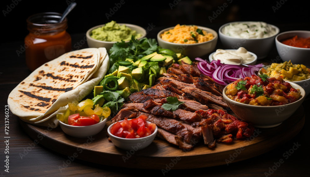Grilled beef and pork on wood, fresh salad, healthy eating generated by AI Grilled beef and pork on wood, fresh salad, healthy eating generated by AI