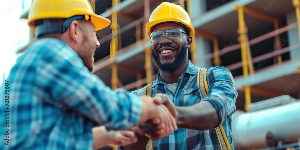 Smiling male construction worker and engineer coming together for a handshake, at construction site. Smiling male construction worker and engineer coming together for a handshake, at construction site.