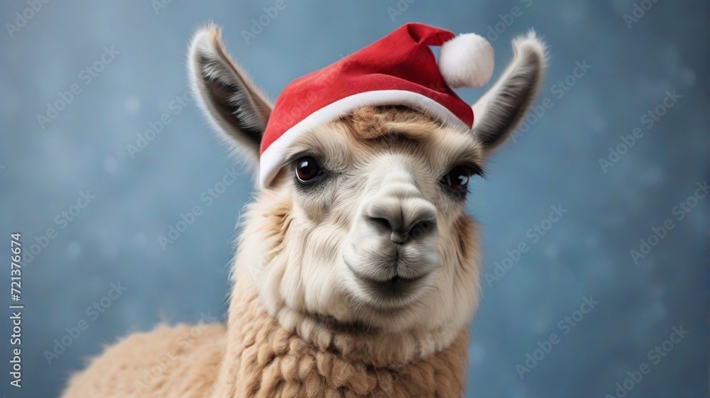 Fototapeta premium close up of a llama with a christmas hat