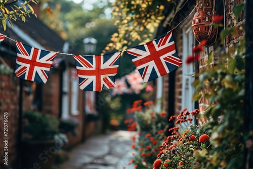 Brightly colored Union Jack flags adorning the streets in preparation for a national holiday celebration. photo