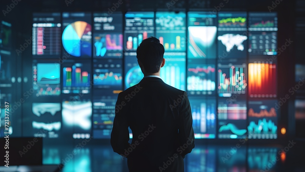 businessman standing watching monitor businessman standing watching monitor