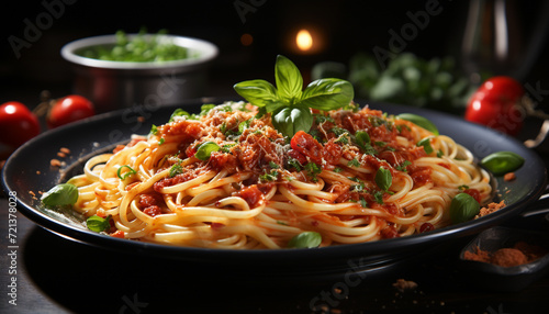 Fresh pasta with tomato sauce, cooked meat, and parmesan cheese generated by AI photo