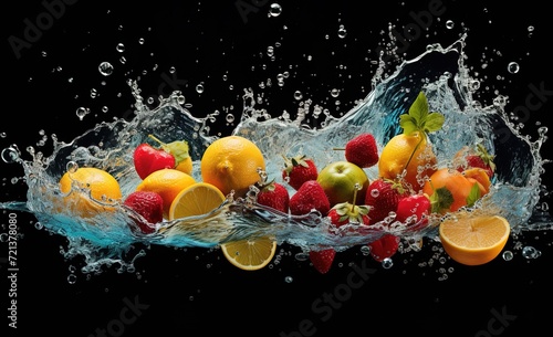 various fresh fruit with a splash of water photo