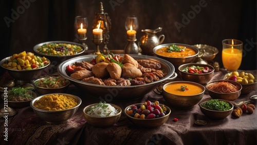 Holy Ramadan table of food setting with candles