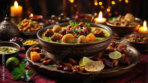 Holy Ramadan table of food setting with candles