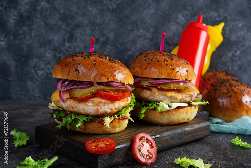 Burger with chicken cutlet, tomatoes, pickle and lettuce. Delicious homemade burger