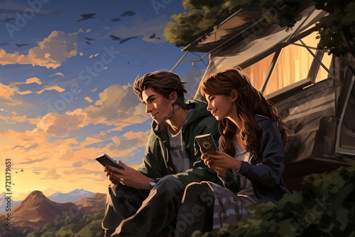 This joyful illustration portrays a happy couple embracing the beauty of nature from the roof of their camper trailer