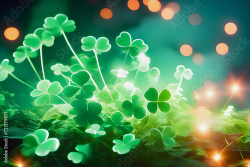 Close up of Shamrock or Clover Leaves vibrant glass texture with copy space area. Suitable for St. Patricks day background 