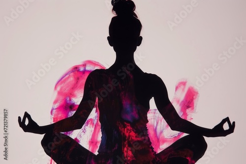 Yoga Pose Silhouette women portrait , Epoxypropyl Uv ink style Serenity in Silhouette: Meditative Yoga Pose on Abstract Pink Backdrop