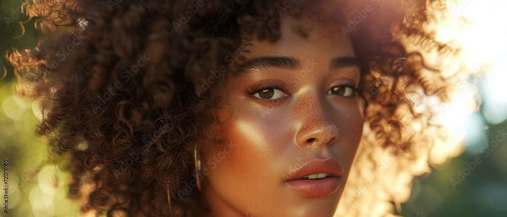 Golden hour illuminates a young woman's freckled visage, her curls a halo of warmth in nature's tender glow