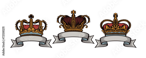 Set of vintage ribbon banner with crowns. Vector elements collection.