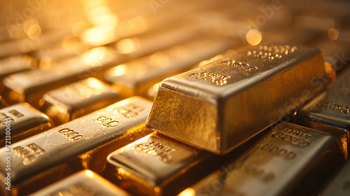 Pile of gold bar background concep with bokeh background. 