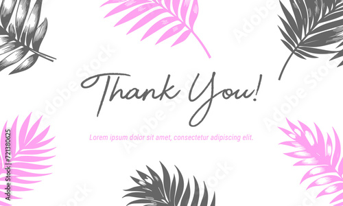 gray and pink palm leaves thank you card vector template