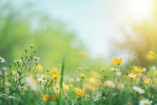yellow wildflowers in meadow with blurry blank copy text space in background, frame template 