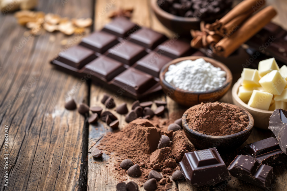 Chocolate with ingredients on wood background Chocolate with ingredients on wood background
