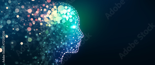 Human head with a luminous brain network. Digital brain, Analysis information, Cyber mind, Deep and Machine learning, Consciousness, Artificial intelligence, Technology background concept.