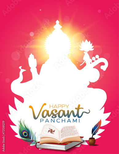 Vector illustration of Vasant Panchami. Indian hindu Goddess saraswati puja festival background. Poster banner and template design.