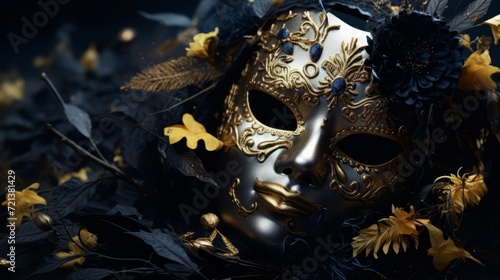 A luxurious golden mask with feathers on a black background