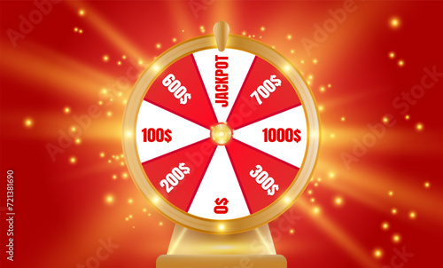 Spinning fortune wheel illustration with Jackpot selected and other money cash prizes. Rotating lucky gambling roulette spin machine. Online casino lucky spin wheel bonus game.