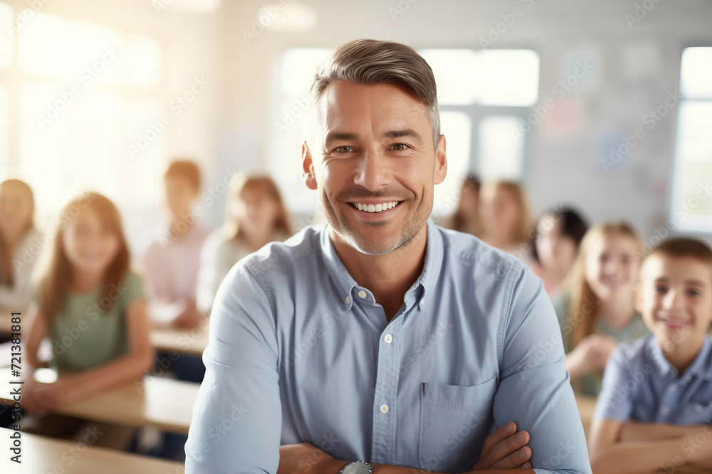 Portrait happy confident young man teacher of elementary school kids in classroom, sunlight