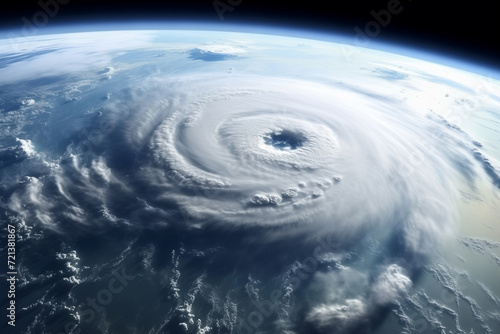 Concept catastrophe, view from satellite. Hurricane from space, super typhoon. Atmospheric cyclone spiral, weather meteorology.