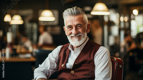 Barber shop for social pensioner, happy hipster elder man with haircut in retro barbershop background. photo
